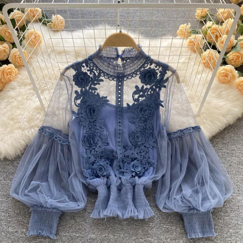 Puff Sleeve Blouse - 2 قطعة/المجموعة الدانتيل نفخة كم طويل