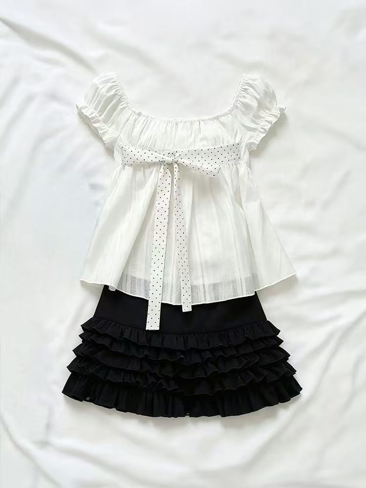 Puff Sleeve Blouse - طقم نسائي كوري أنيق من قطعتين