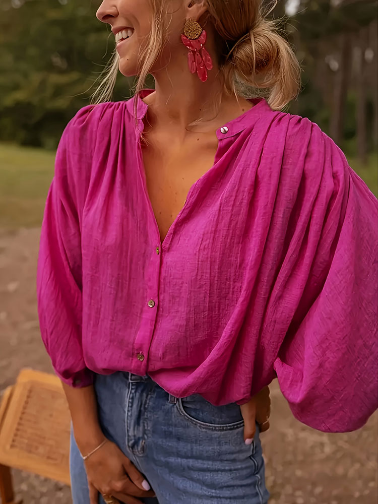 Puff Sleeve Blouse - جديد أنيق الوقوف طوق طويلة الأكمام