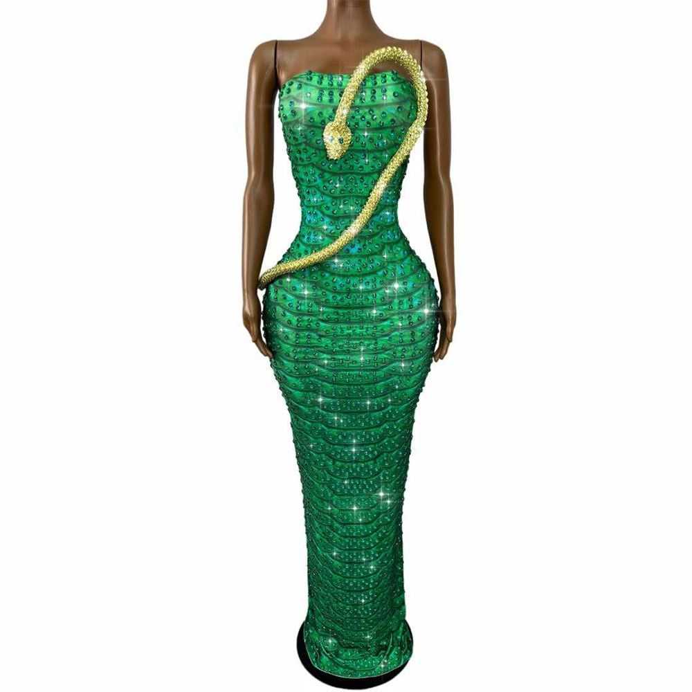 Women Fashion Designer Dresses Photos - فستان أنبوبي مزين بالأحجار الكريمة الخضراء