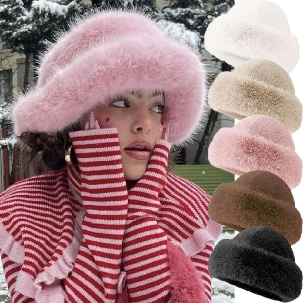 Bucket Hat Women - قبعة شتوية أنيقة من الفرو الناعم،