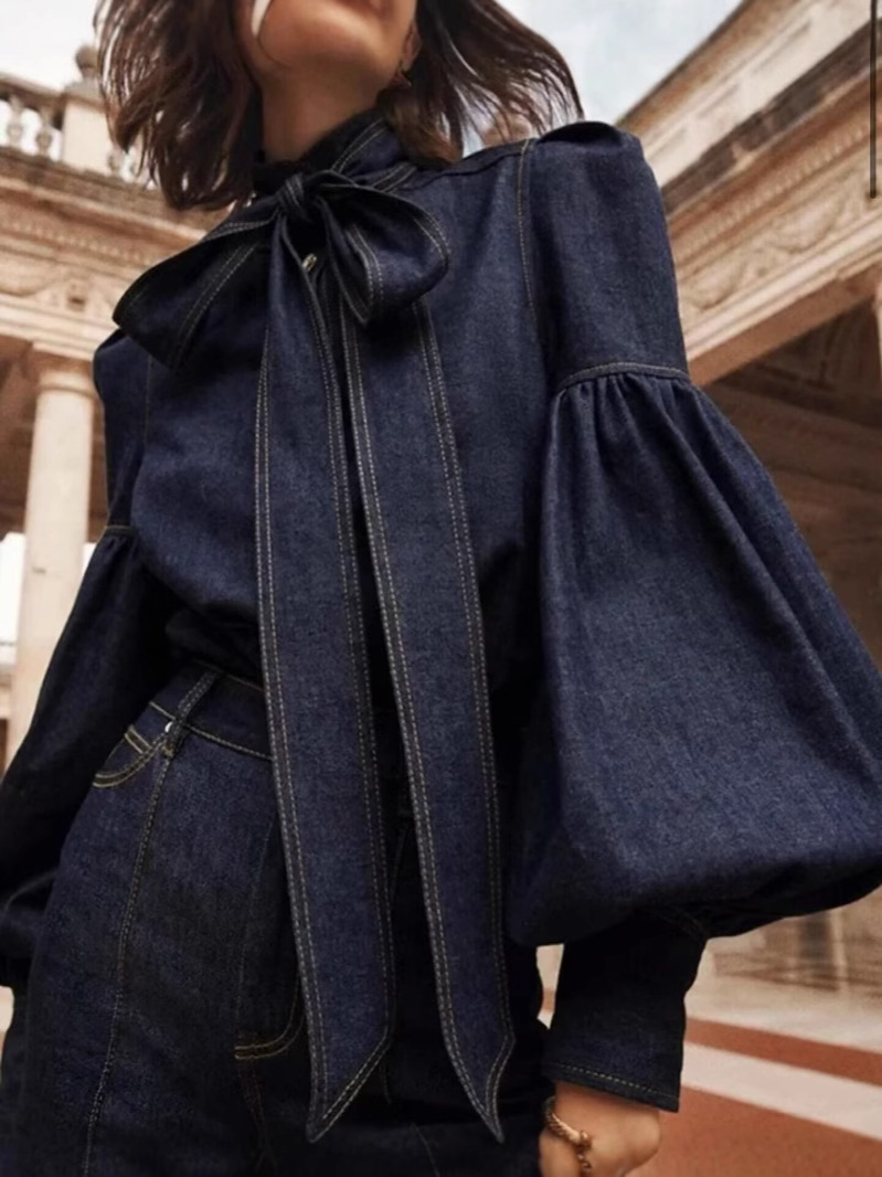 Puff Sleeve Blouse - بلوزة AW Urban بتصميم يشبه الدنيم