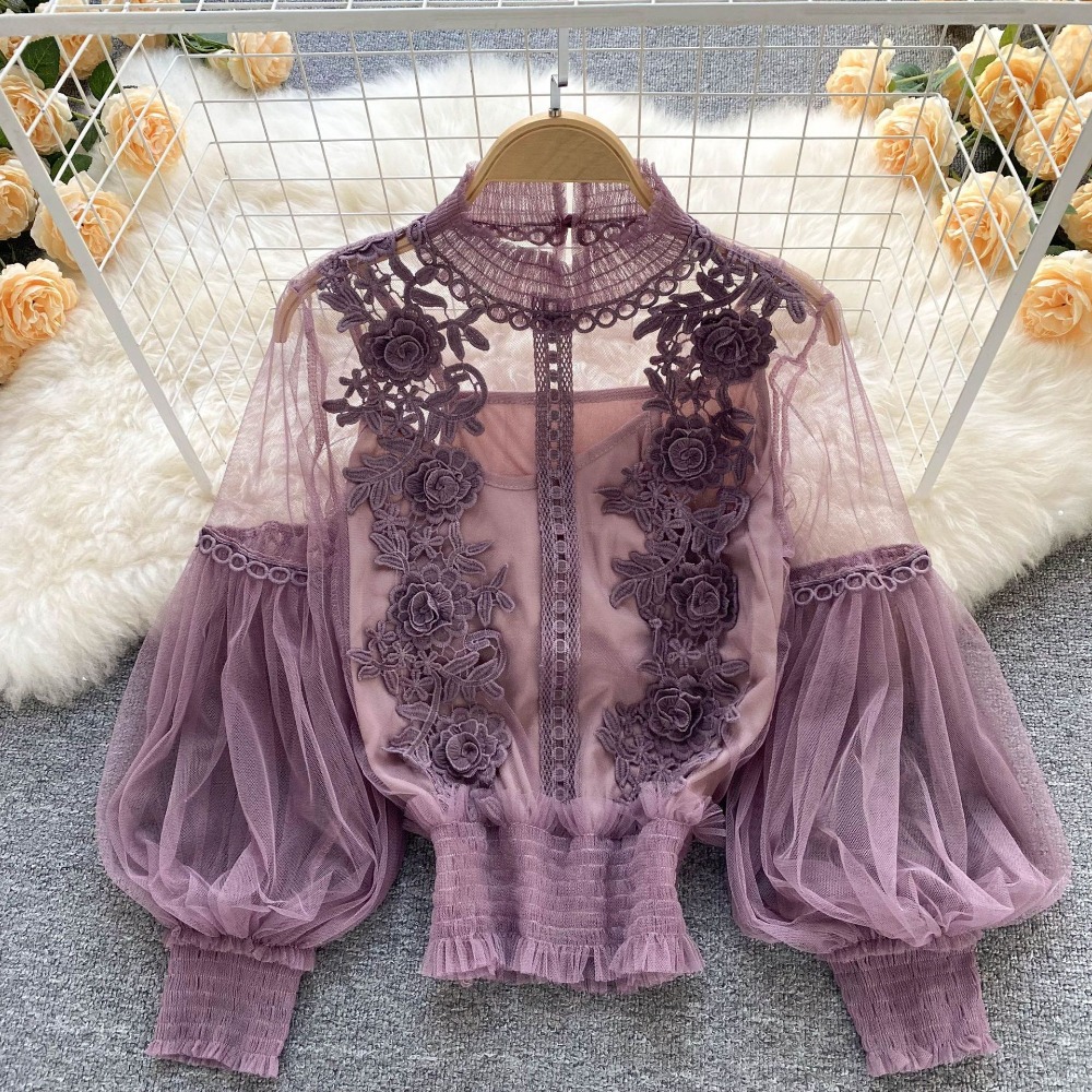 2 قطعة/المجموعة الدانتيل نفخة  - مراجعة Puff Sleeve Blouse وسعره