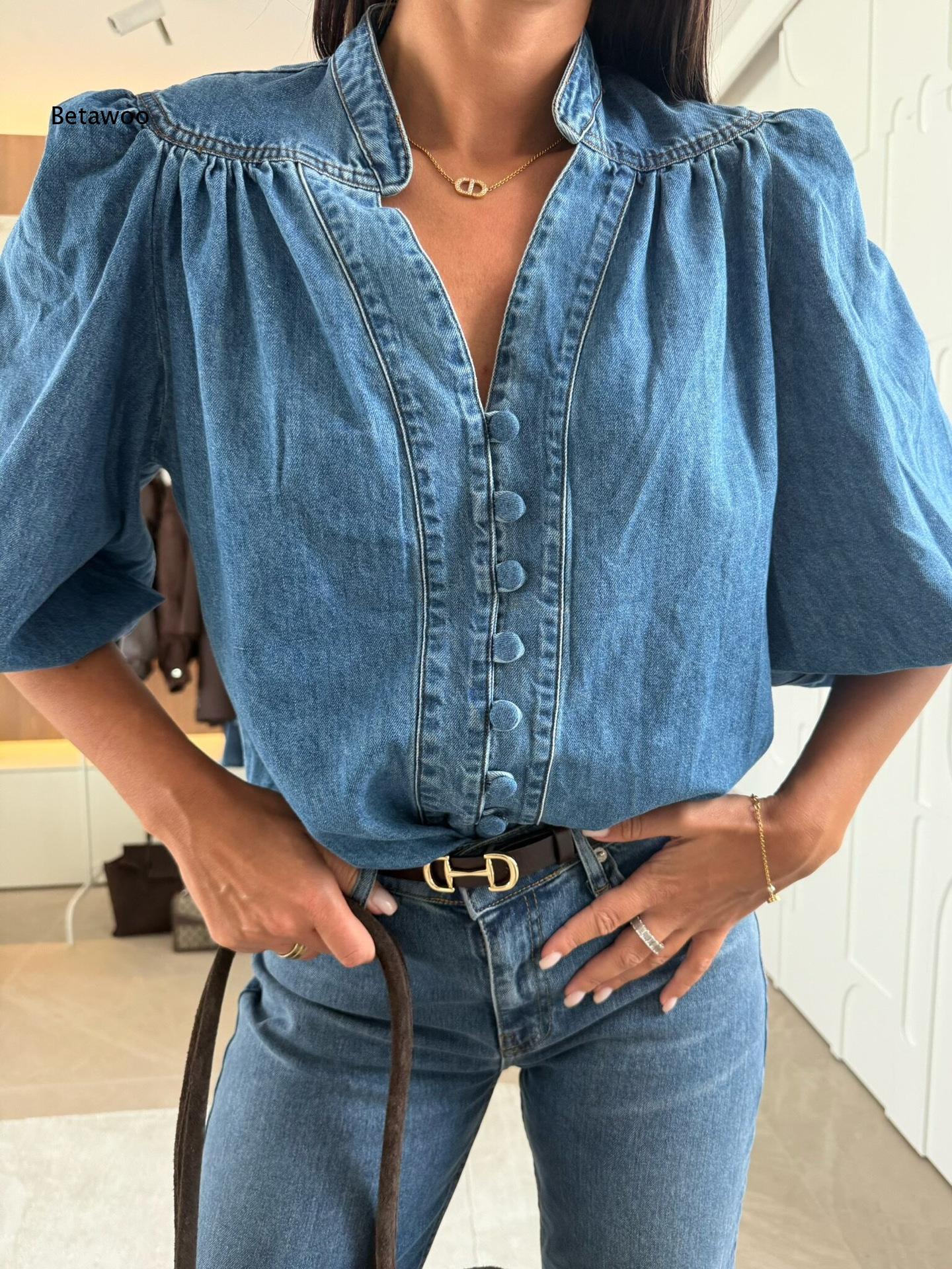 بلوزة نسائية من الدنيم بياقة ق - مراجعة Puff Sleeve Blouse وسعره
